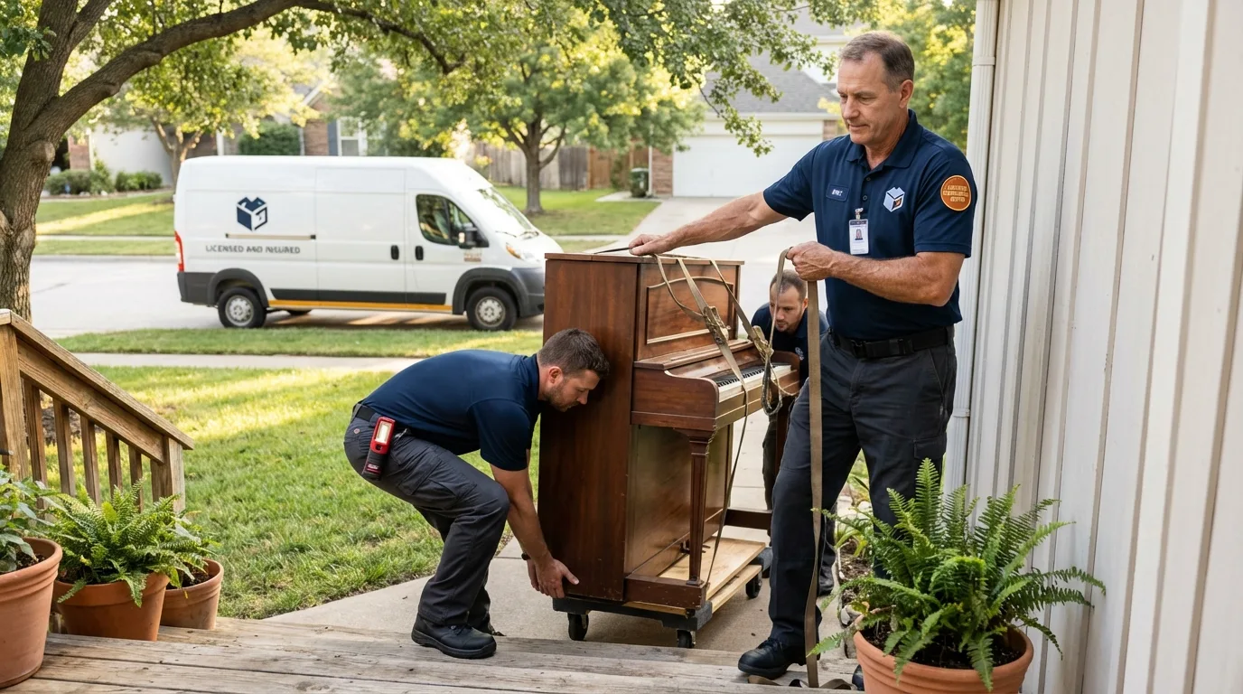 Licensed piano movers securing grand piano in Hackensack, NJ