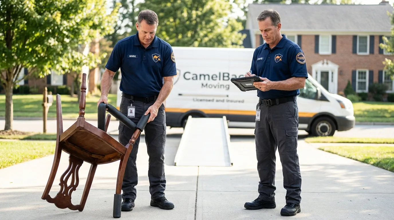 Movers inspecting furniture for damage prevention before loading in Hackensack, NJ